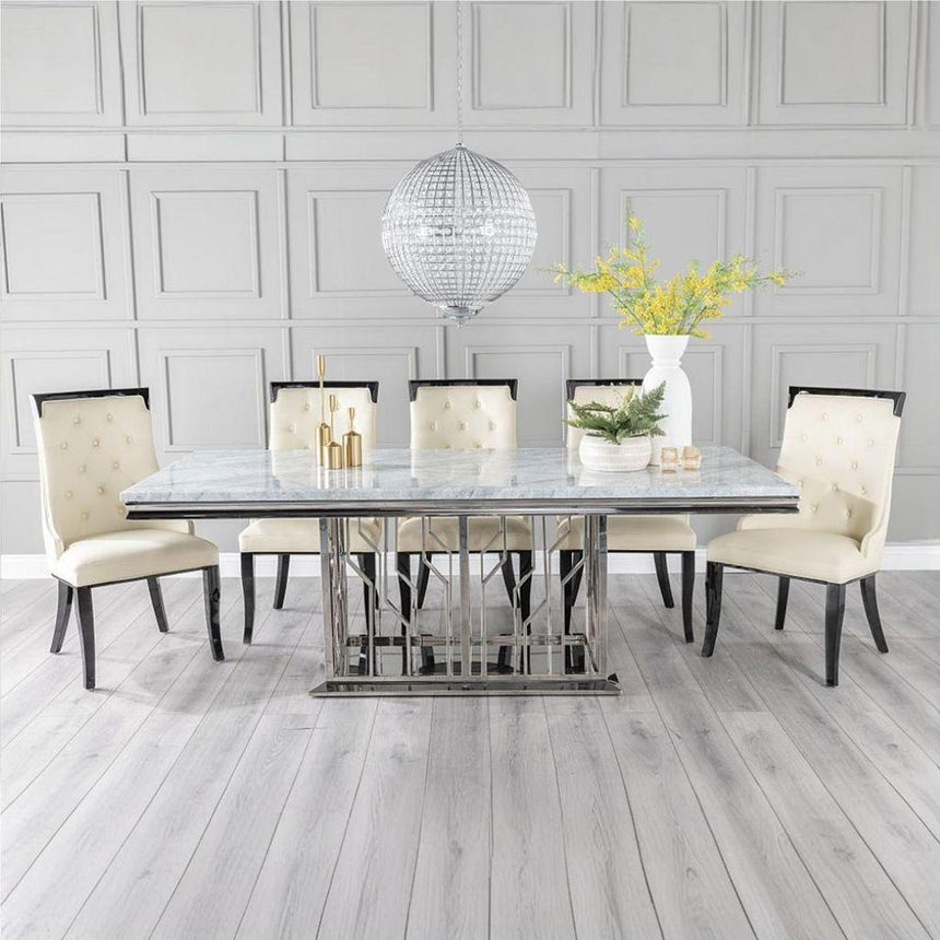 Grey Marble and Chrome Dining Set - Carmela Cream Faux Leather Chairs-2