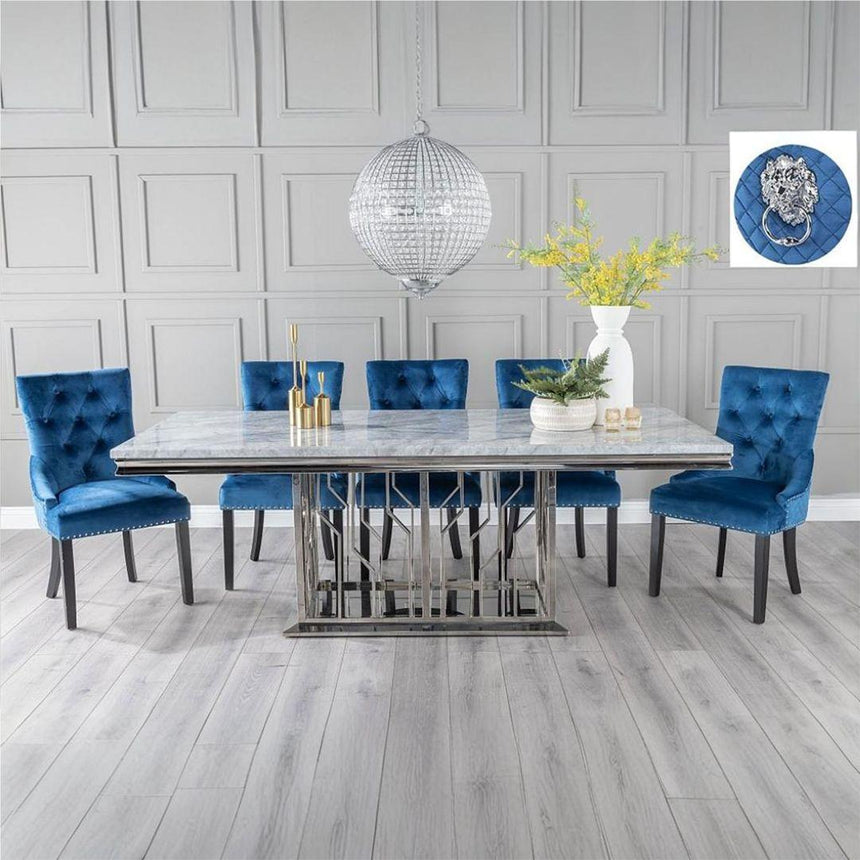 Grey Marble and Chrome Dining Set - Blue Fabric Lion Knocker Back Chairs-2