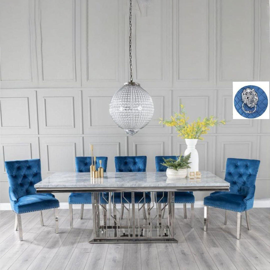 Sardinia Grey Marble and Chrome Dining Set - Blue Fabric Lion Knocker Back Chairs with Chrome Legs