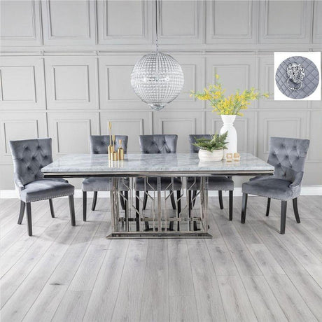 Grey Marble and Chrome Dining Set - Grey Fabric Lion Knocker Back Chairs-3