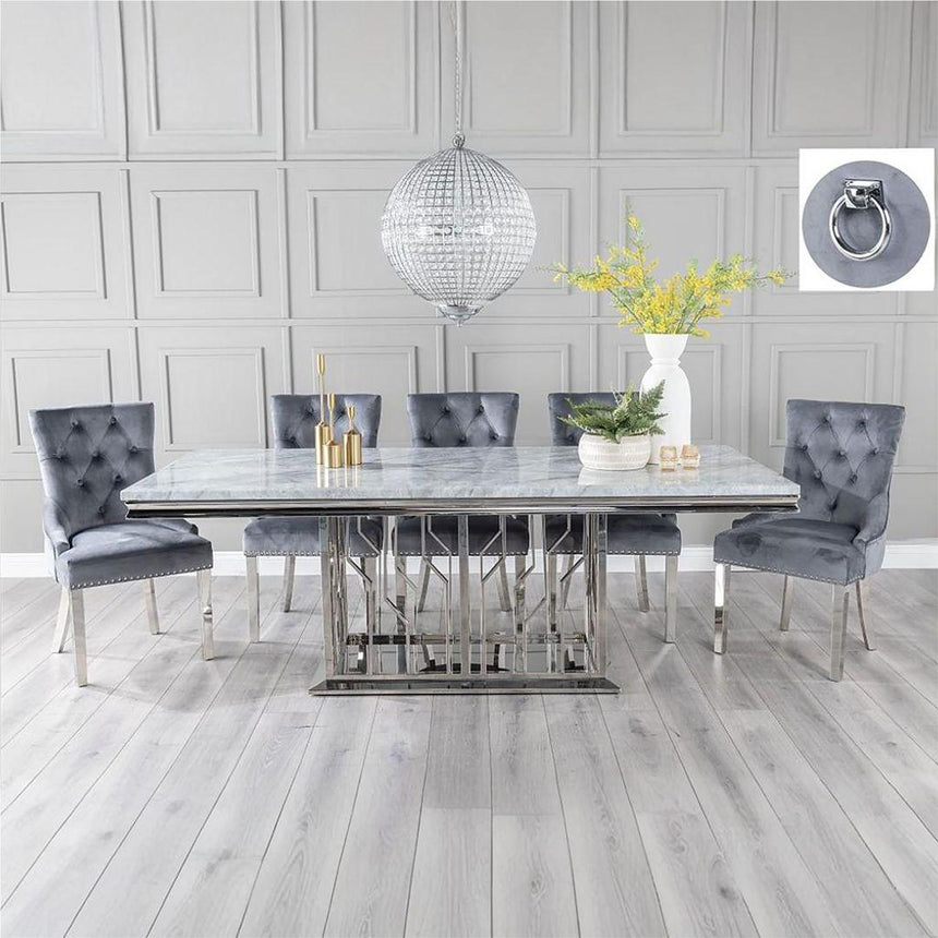 Grey Marble and Chrome Dining Set - Grey Fabric Knocker Back Chairs with Chrome Legs-2