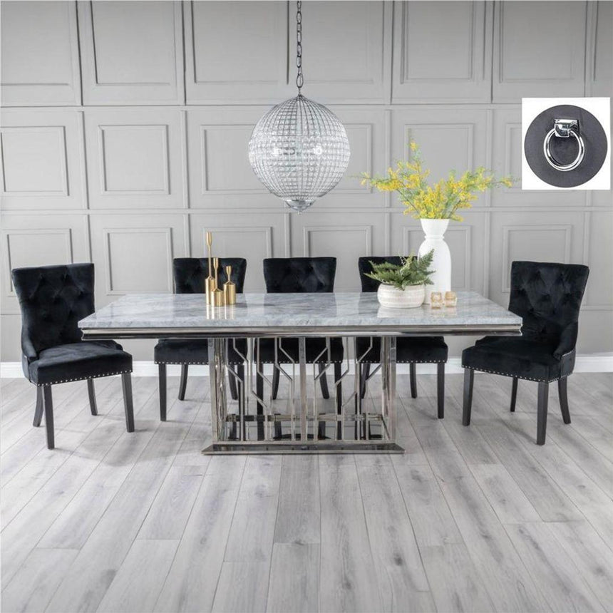 Grey Marble and Chrome Dining Set - Black Fabric Knocker Back Chairs-3