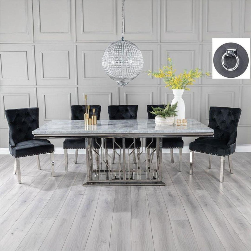 Grey Marble and Chrome Dining Set - Black Fabric Knocker Back Chairs with Chrome Legs-3