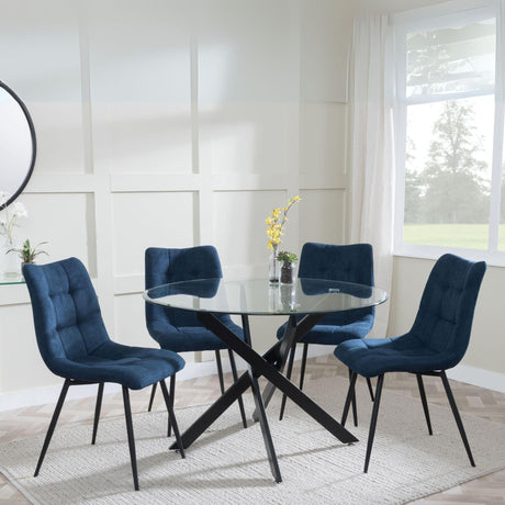 Chopstick Clear Glass and Black Metal 4 Seater Round Dining Set - 4 Corona Blue Fabric Chairs-4