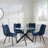 Chopstick Clear Glass and Black Metal 4 Seater Round Dining Set - 4 Corona Blue Fabric Chairs-4