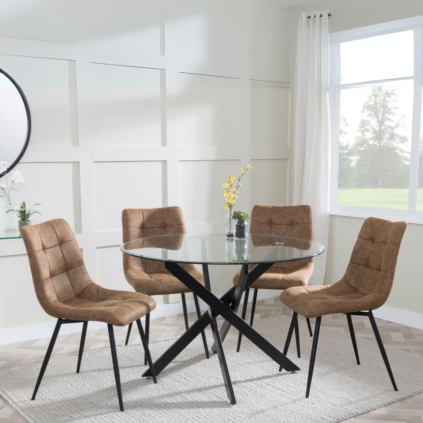 Chopstick Clear Glass and Black Metal 4 Seater Round Dining Set - 4 Corona Brown Fabric Chairs-8