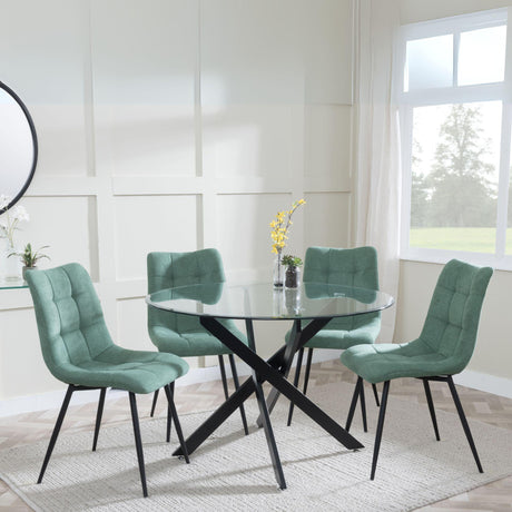 Chopstick Clear Glass and Black Metal 4 Seater Round Dining Set - 4 Corona Green Fabric Chairs-6