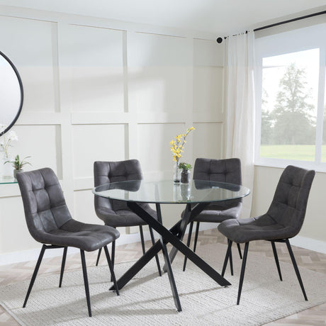 Chopstick Clear Glass and Black Metal 4 Seater Round Dining Set - 4 Corona Grey Fabric Chairs-9