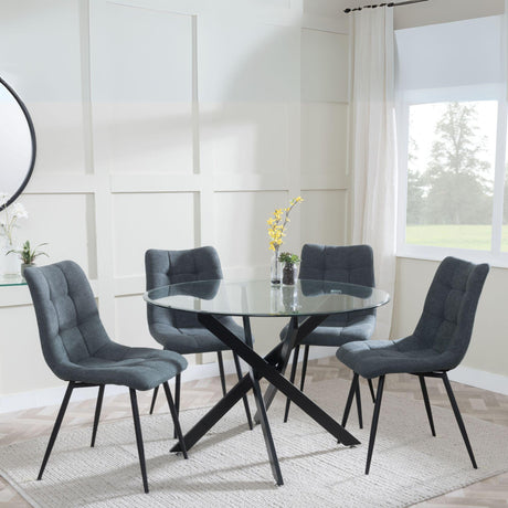 Chopstick Clear Glass and Black Metal 4 Seater Round Dining Set - 4 Corona Light Grey Fabric Chairs-7