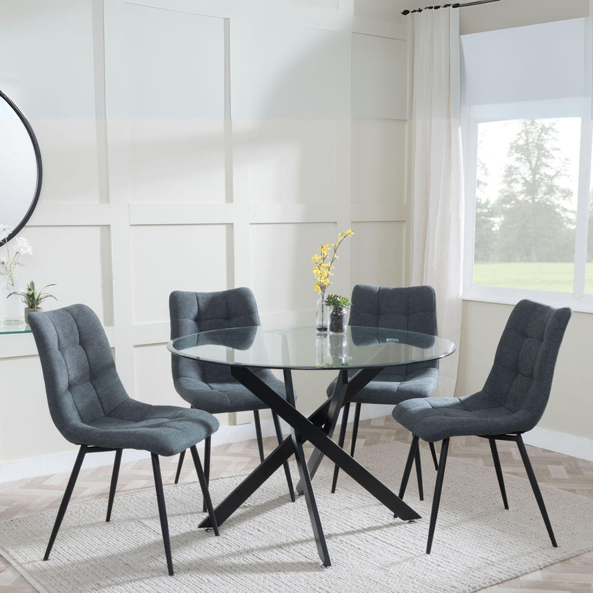 Chopstick Clear Glass and Black Metal 4 Seater Round Dining Set - 4 Corona Light Grey Fabric Chairs-7