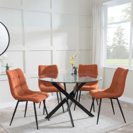 Chopstick Clear Glass and Black Metal 4 Seater Round Dining Set - 4 Corona Orange Fabric Chairs-5