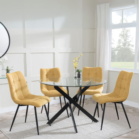 Chopstick Clear Glass and Black Metal 4 Seater Round Dining Set - 4 Corona Yellow Fabric Chairs