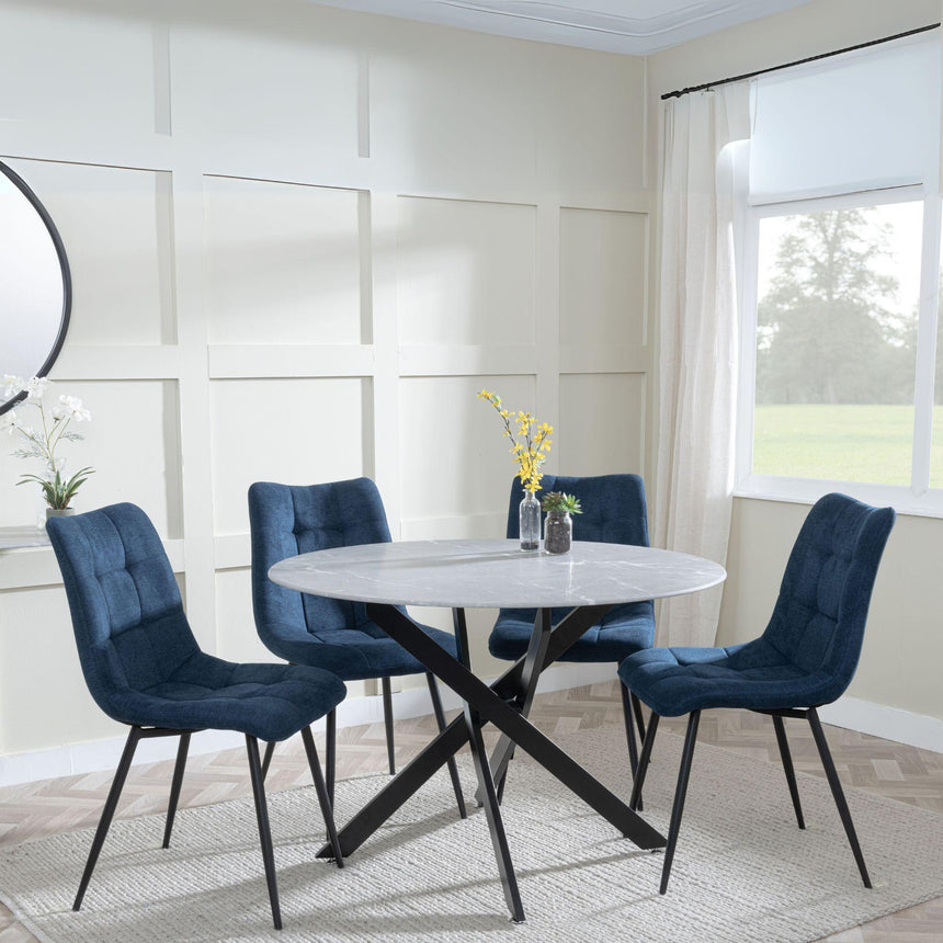 Chopstick Grey Glass and Black Metal 4 Seater Round Dining Set - 4 Corona Blue Fabric Chairs-4