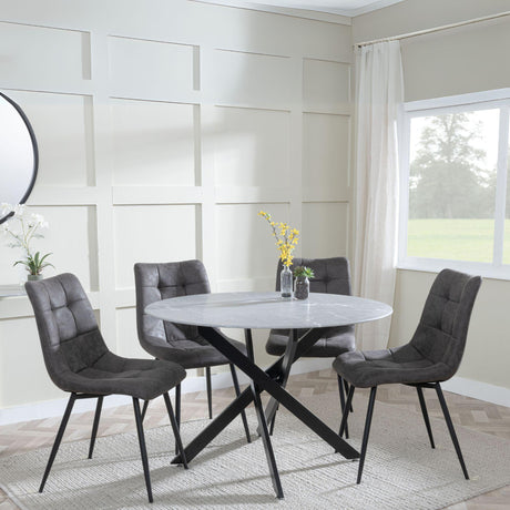 Chopstick Grey Glass and Black Metal 4 Seater Round Dining Set - 4 Corona Grey Fabric Chairs-9