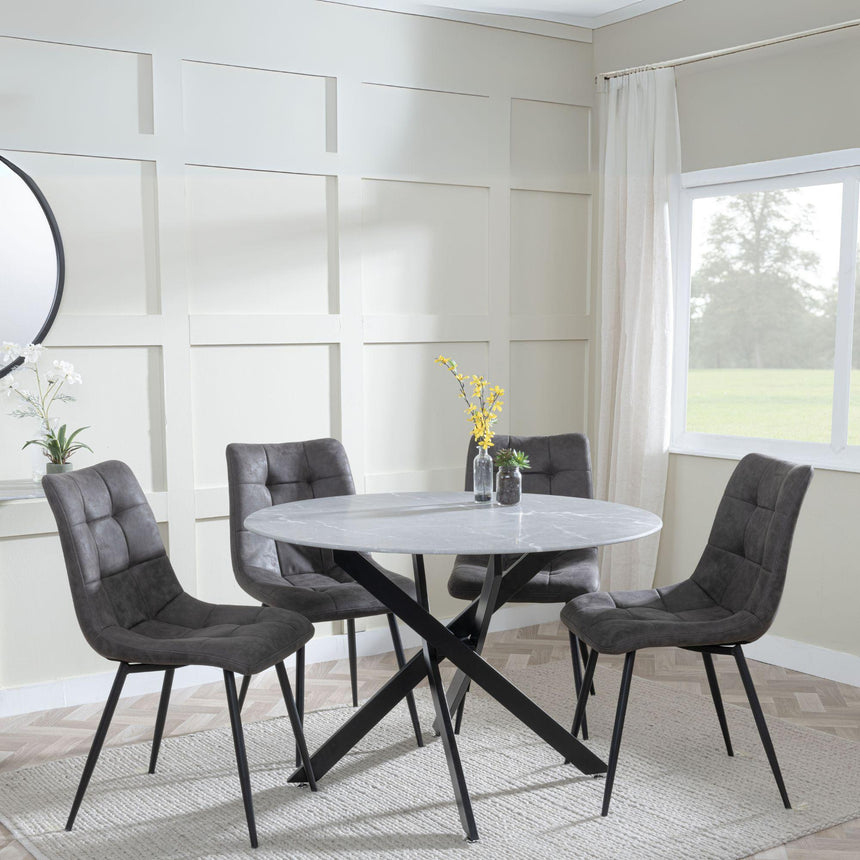 Chopstick Grey Glass and Black Metal 4 Seater Round Dining Set - 4 Corona Grey Fabric Chairs-9