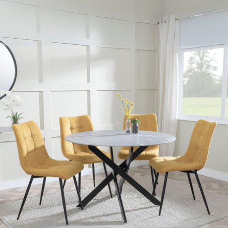 Chopstick Grey Glass and Black Metal 4 Seater Round Dining Set - 4 Corona Yellow Fabric Chairs-5