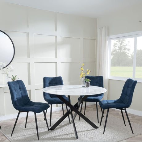 Chopstick White Glass and Black Metal 4 Seater Round Dining Set - 4 Corona Blue Fabric Chairs