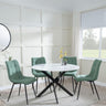 Chopstick White Glass and Black Metal 4 Seater Round Dining Set - 4 Corona Green Fabric Chairs-6