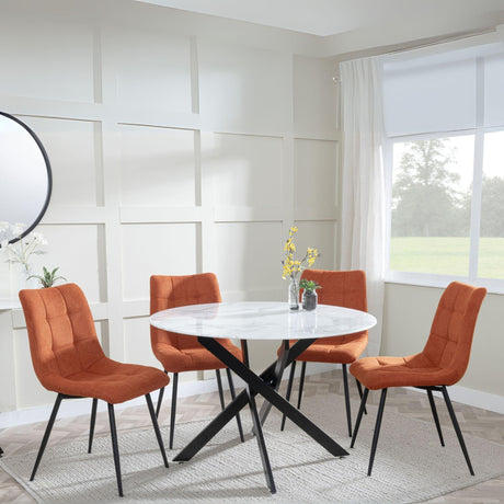 Chopstick White Glass and Black Metal 4 Seater Round Dining Set - 4 Corona Orange Fabric Chairs-4