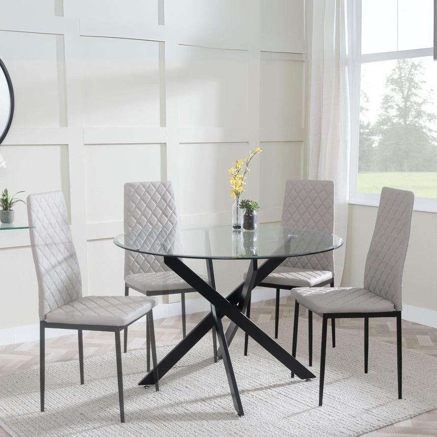 Chopstick Clear Glass and Black Metal 4 Seater Round Dining Set - 4 Metro Beige Leather Chairs with Black Legs-4