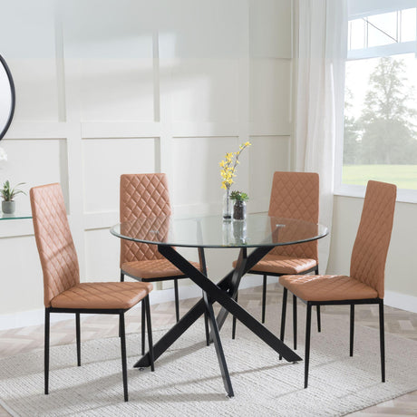 Chopstick Clear Glass and Black Metal 4 Seater Round Dining Set - 4 Metro Burnt Orange Leather Chairs with Black Legs-6