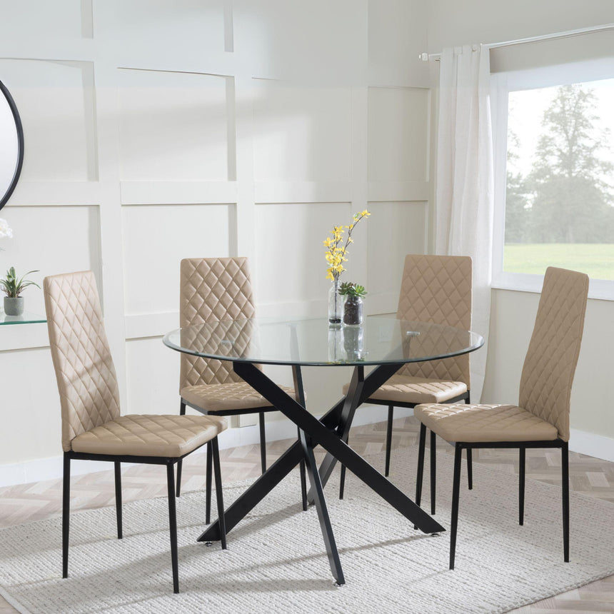 Chopstick Clear Glass and Black Metal 4 Seater Round Dining Set - 4 Metro Cappuccino Leather Chairs with Black Legs-5