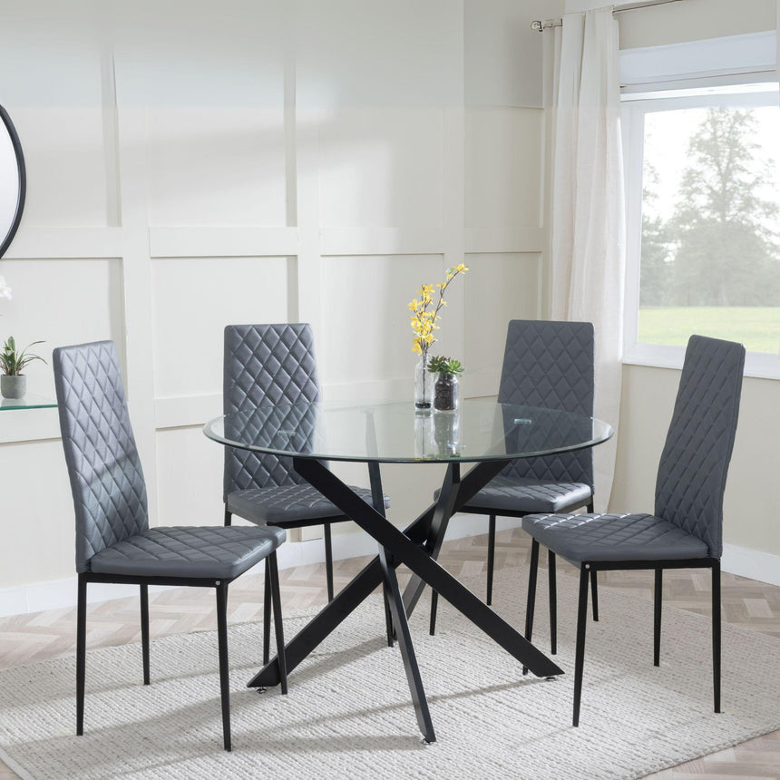 Chopstick Clear Glass and Black Metal 4 Seater Round Dining Set - 4 Metro Grey Leather Chairs with Black Legs-2