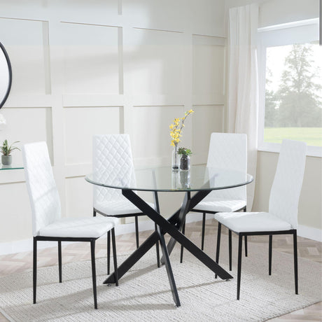 Chopstick Clear Glass and Black Metal 4 Seater Round Dining Set - 4 Metro White Leather Chairs with Black Legs