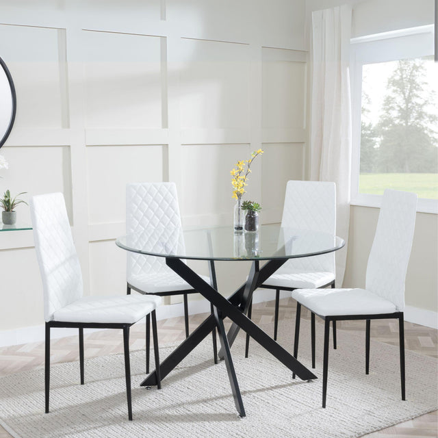 Chopstick Clear Glass and Black Metal 4 Seater Round Dining Set - 4 Metro White Leather Chairs with Black Legs