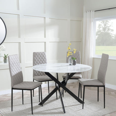 Chopstick White Glass and Black Metal 4 Seater Round Dining Set - 4 Metro Beige Leather Chairs with Black Legs-4