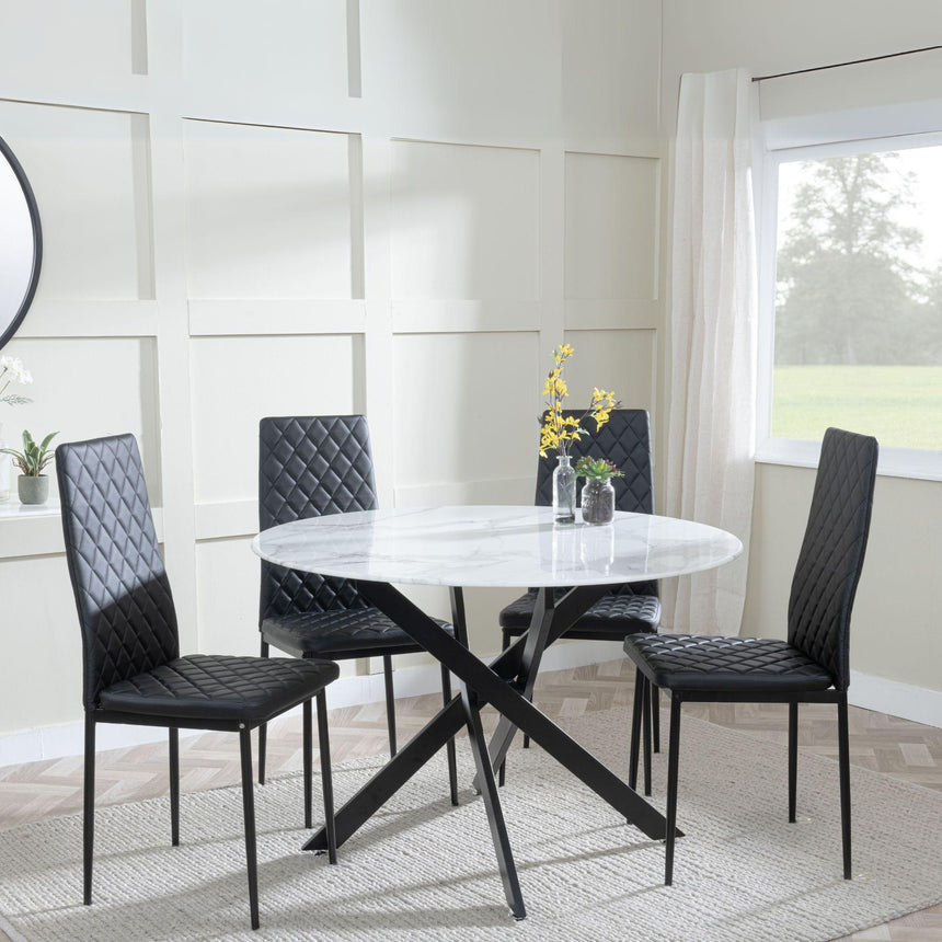 Chopstick White Glass and Black Metal 4 Seater Round Dining Set - 4 Metro Black Leather Chairs with Black Legs-2