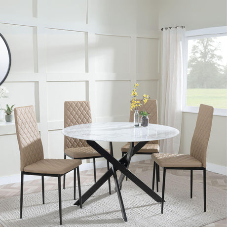 Chopstick White Glass and Black Metal 4 Seater Round Dining Set - 4 Metro Cappuccino Leather Chairs with Black Legs-5