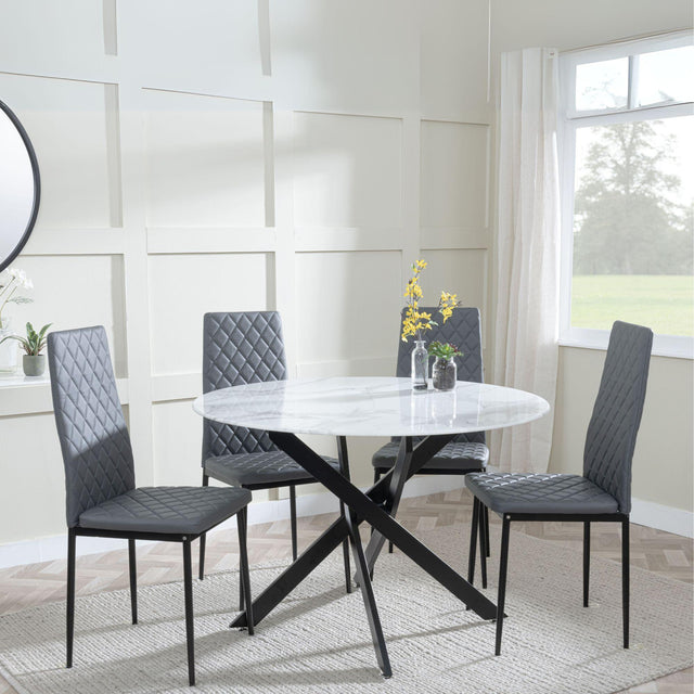 Chopstick White Glass and Black Metal 4 Seater Round Dining Set - 4 Metro Grey Leather Chairs with Black Legs