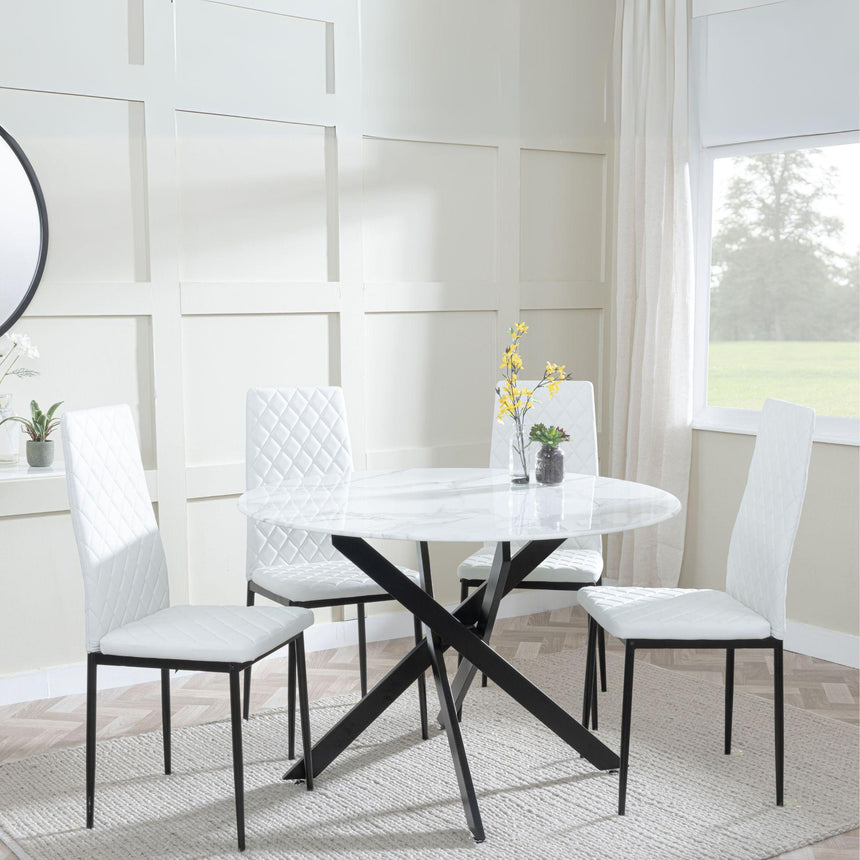 Chopstick White Glass and Black Metal 4 Seater Round Dining Set - 4 Metro White Leather Chairs with Black Legs-3