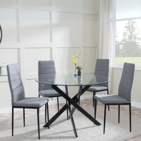 Chopstick Clear Glass and Black Metal 4 Seater Round Dining Set - 4 Lido Dark Grey Fabric Chairs with Black Legs-5