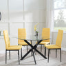 Chopstick Clear Glass and Black Metal 4 Seater Round Dining Set - 4 Lido Yellow Fabric Chairs with Black Legs