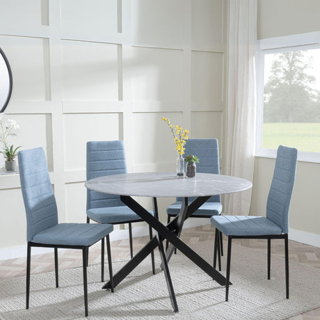 Chopstick Grey Glass and Black Metal 4 Seater Round Dining Set - 4 Lido Blue Fabric Chairs with Black Legs-3