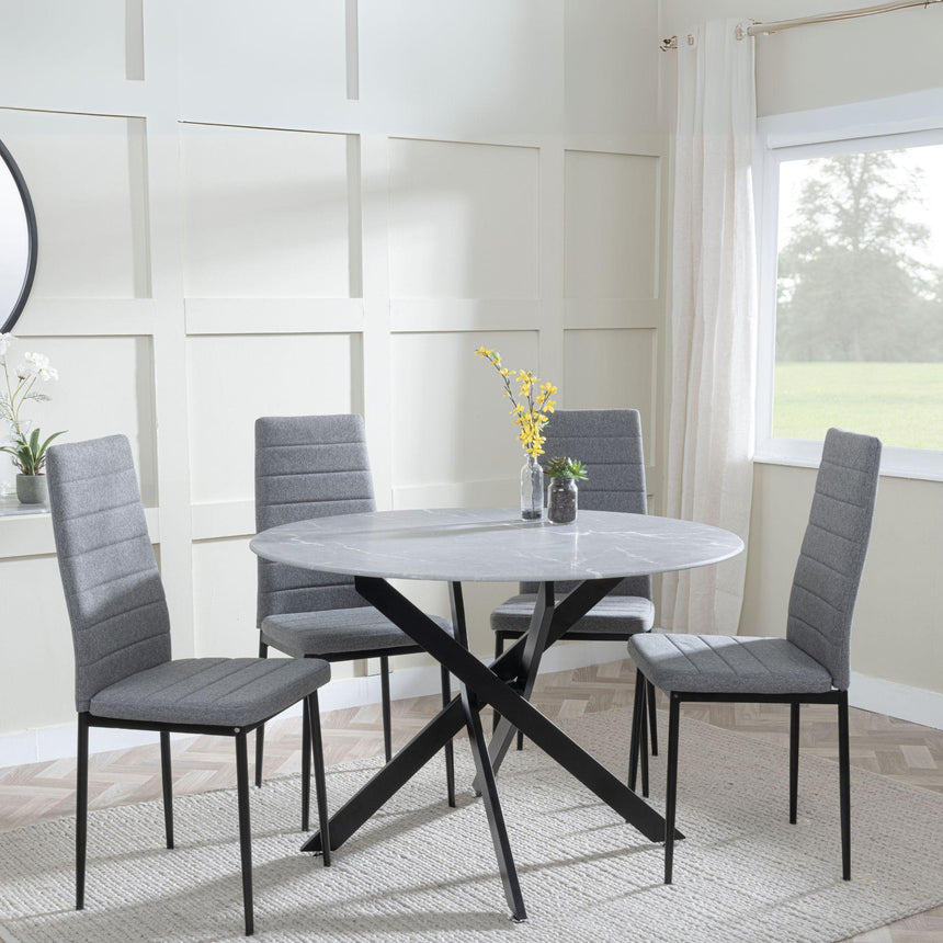 Chopstick Grey Glass and Black Metal 4 Seater Round Dining Set - 4 Lido Dark Grey Fabric Chairs with Black Legs-4