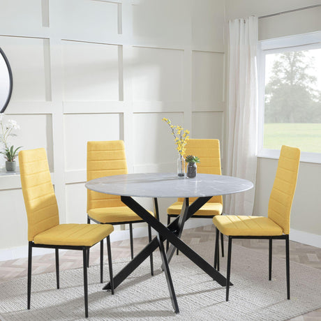 Chopstick Grey Glass and Black Metal 4 Seater Round Dining Set - 4 Lido Yellow Fabric Chairs with Black Legs-5