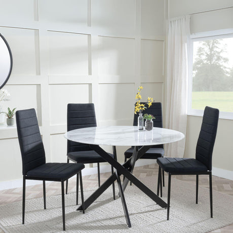 Chopstick White Glass and Black Metal 4 Seater Round Dining Set - 4 Lido Black Fabric Chairs with Black Legs-3