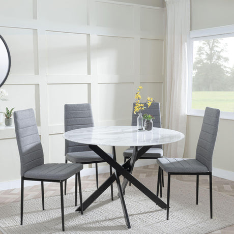 Chopstick White Glass and Black Metal 4 Seater Round Dining Set - 4 Lido Dark Grey Fabric Chairs with Black Legs-4