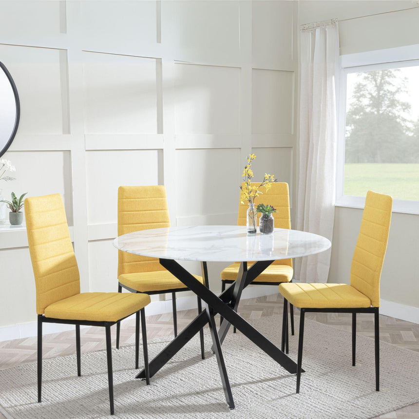 Chopstick White Glass and Black Metal 4 Seater Round Dining Set - 4 Lido Yellow Fabric Chairs with Black Legs-5