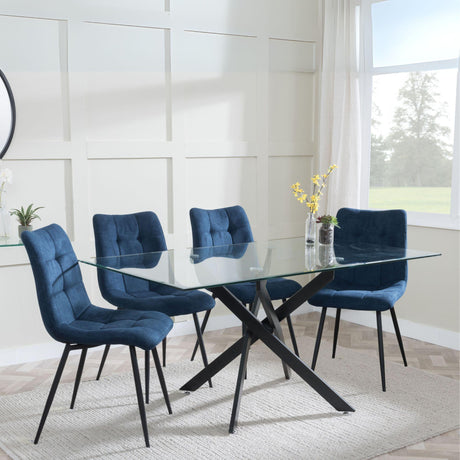 Chopstick Clear Glass and Black Metal Dining Set - Corona Blue Fabric Chairs-4