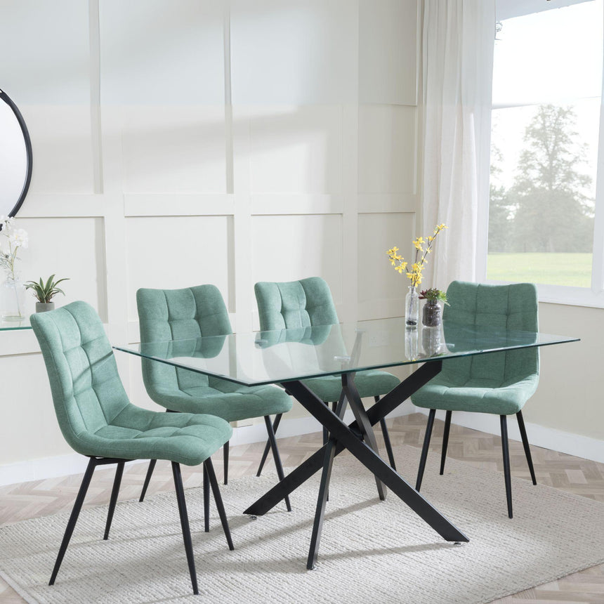 Chopstick Clear Glass and Black Metal Dining Set - Corona Green Fabric Chairs