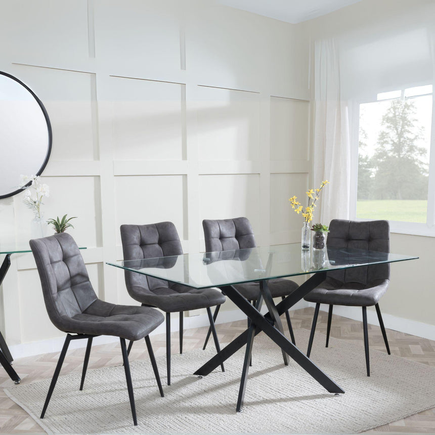 Chopstick Clear Glass and Black Metal Dining Set - Corona Grey Fabric Chairs-9