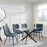 Chopstick Clear Glass and Black Metal Dining Set - Corona Light Grey Fabric Chairs-7