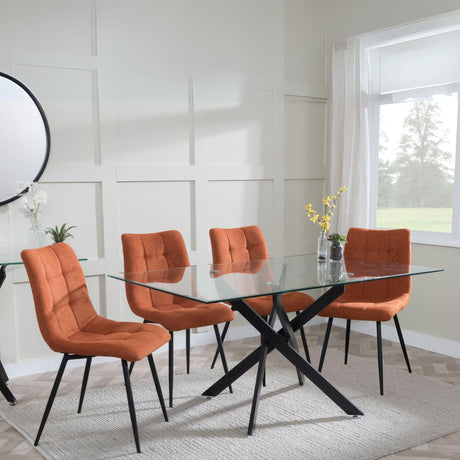 Chopstick Clear Glass and Black Metal Dining Set - Corona Orange Fabric Chairs-5