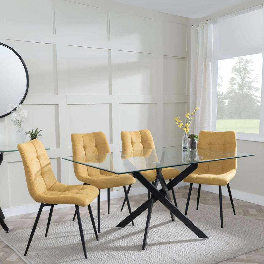 Chopstick Clear Glass and Black Metal Dining Set - Corona Yellow Fabric Chairs-6