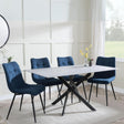 Chopstick Grey Glass and Black Metal Dining Set - Corona Blue Fabric Chairs