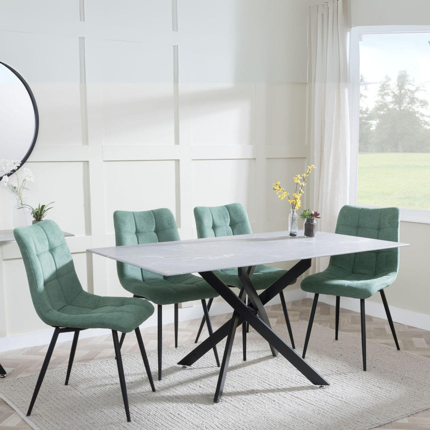 Chopstick Grey Glass and Black Metal Dining Set - Corona Green Fabric Chairs-6